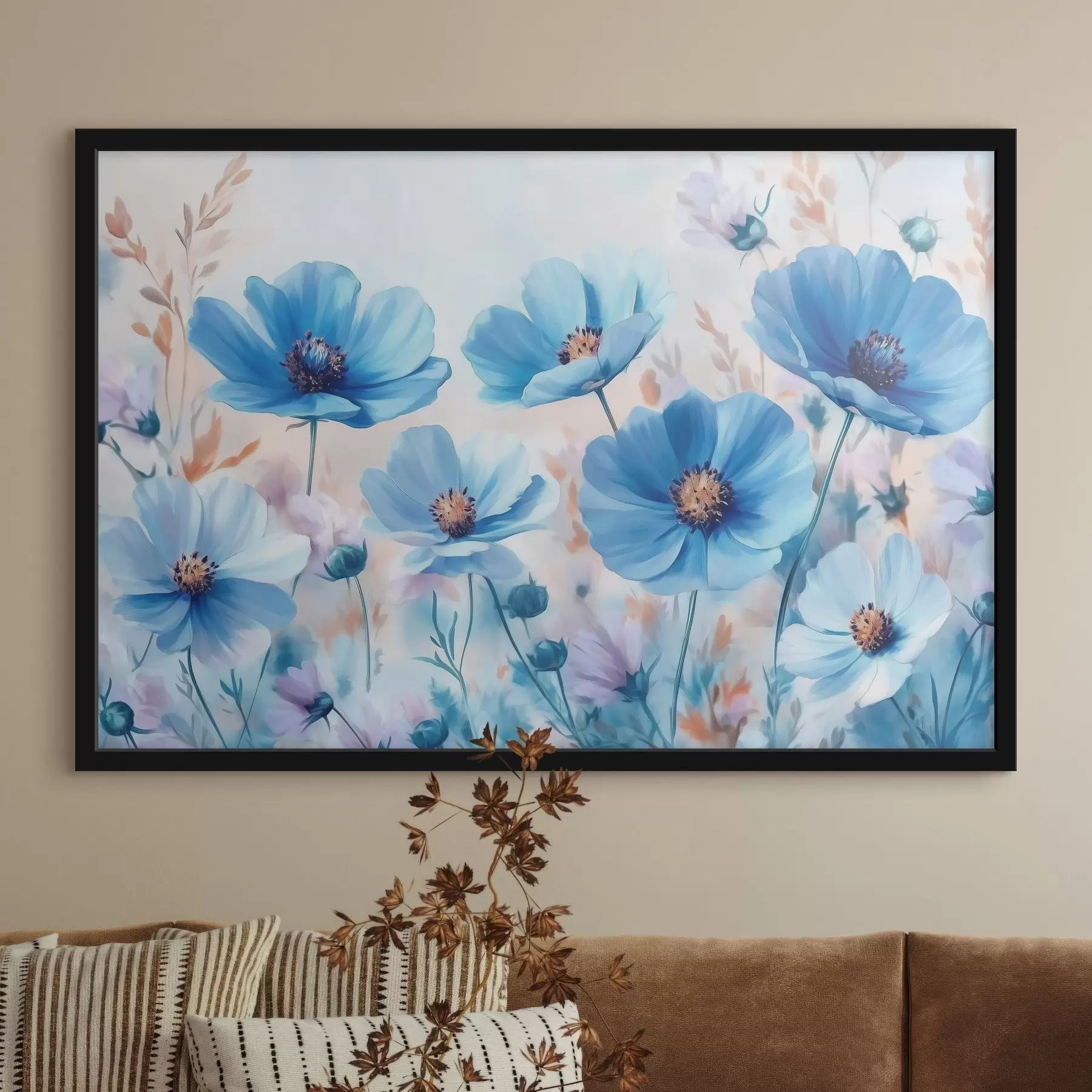  Schilderijen Blauwe bloemen op een blauwe achtergrond f42971