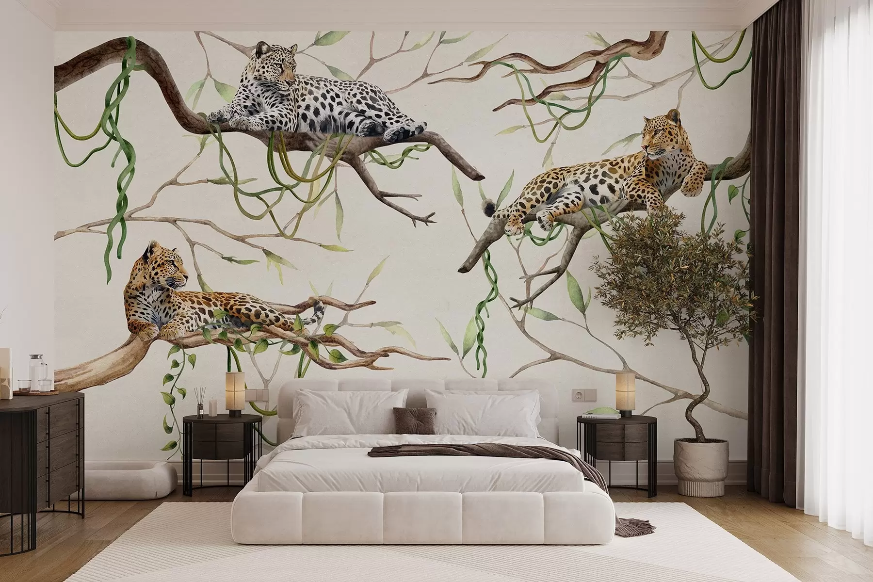 Fotobehang Luipaarden op de junglebomen, lianen, tropisch, wilde dieren, natuurlijk kleurenpalet w03146