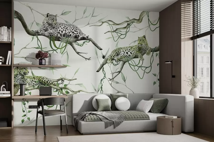 Fotobehang Luipaarden op de junglebomen, lianen, tropisch, wilde dieren, groen kleurenpalet w03146v1