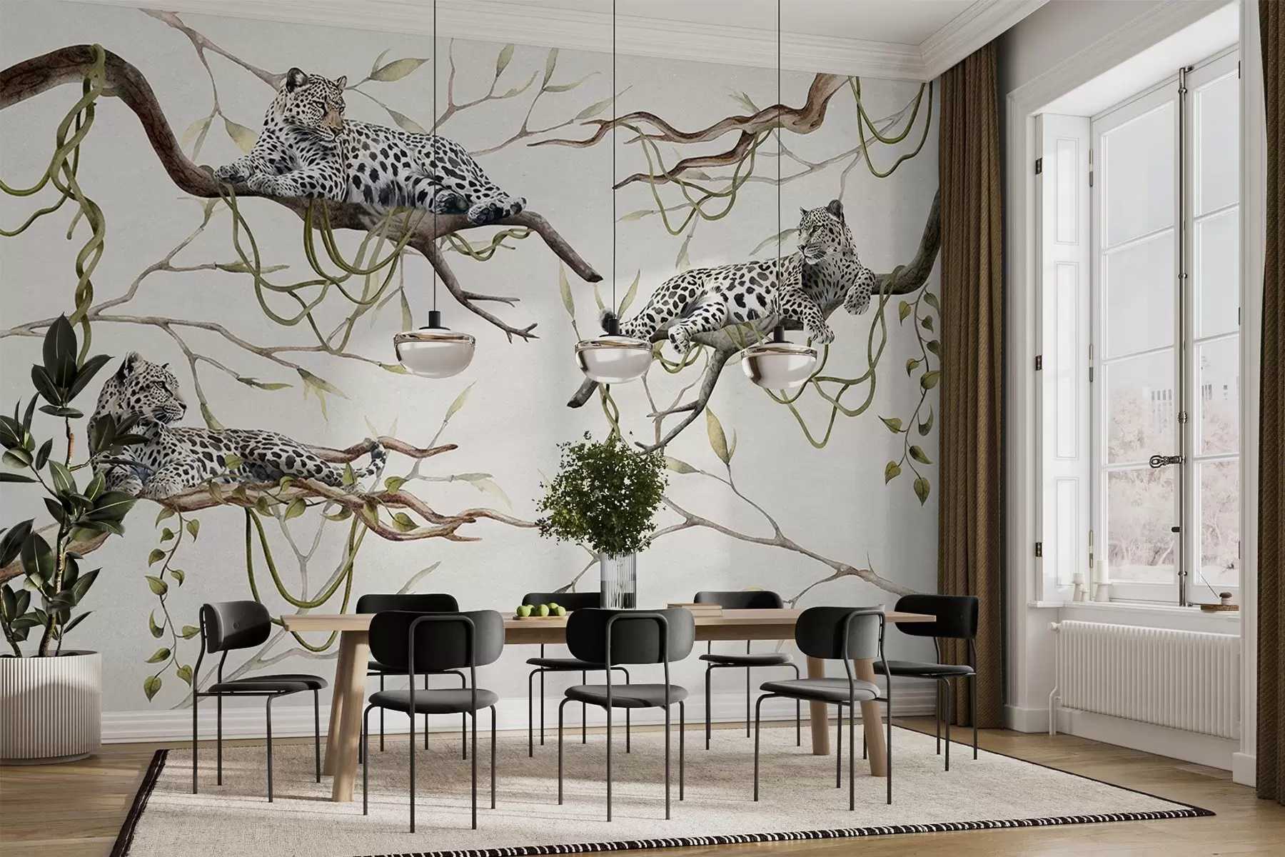 Fotobehang Luipaarden op de junglebomen, lianen, tropisch, wilde dieren, pastelkleurenpalet w03146v4