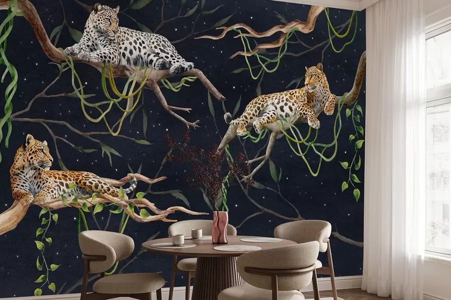 Fotobehang Luipaarden op de jungle bomen, lianen, tropisch, wilde dieren, nachtelijke hemel met sterren w03148