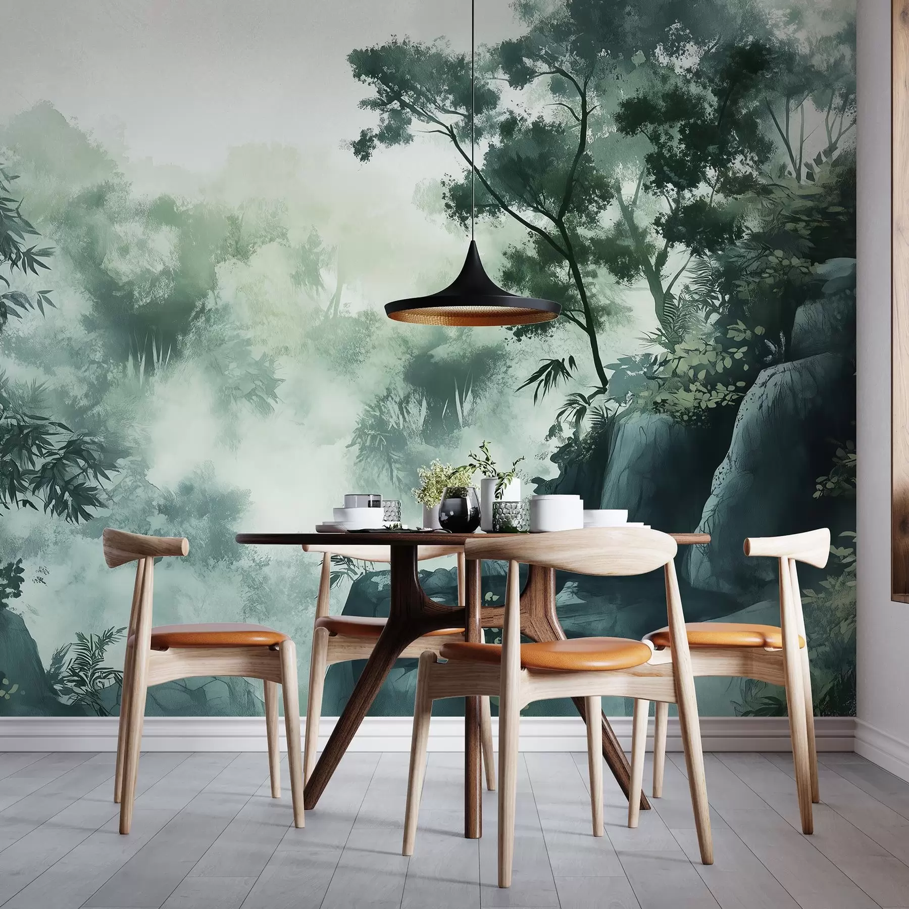 Fotobehang Oosters landschap, jungle, bomen, aquarelstijl, groene kleuren w03149
