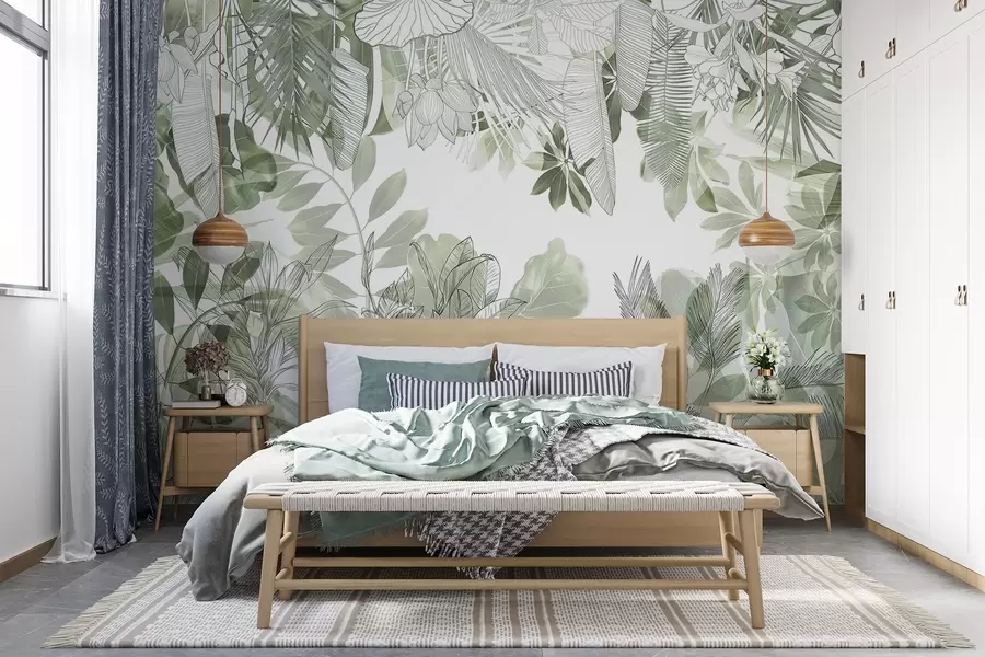 Fotobehang Groene jungle print tropische planten en bladeren op een witte achtergrond w08823