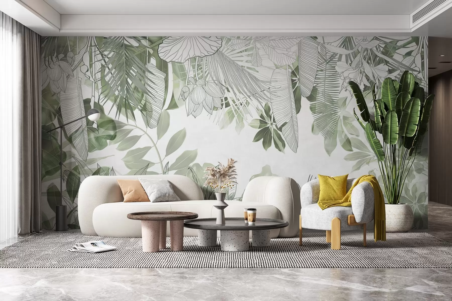 Fotobehang Groene jungle print tropische planten en bladeren op een witte achtergrond w08823