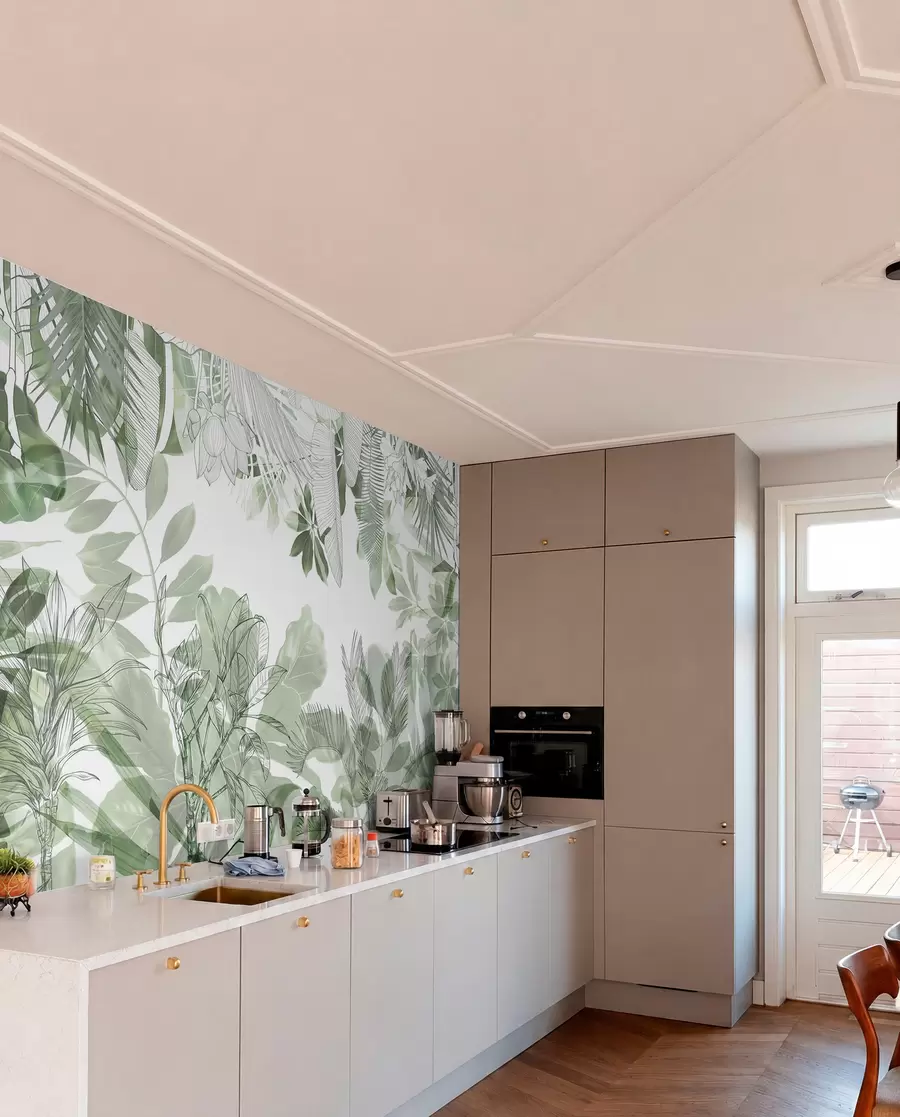 Fotobehang Groene jungle print tropische planten en bladeren op een witte achtergrond w08823