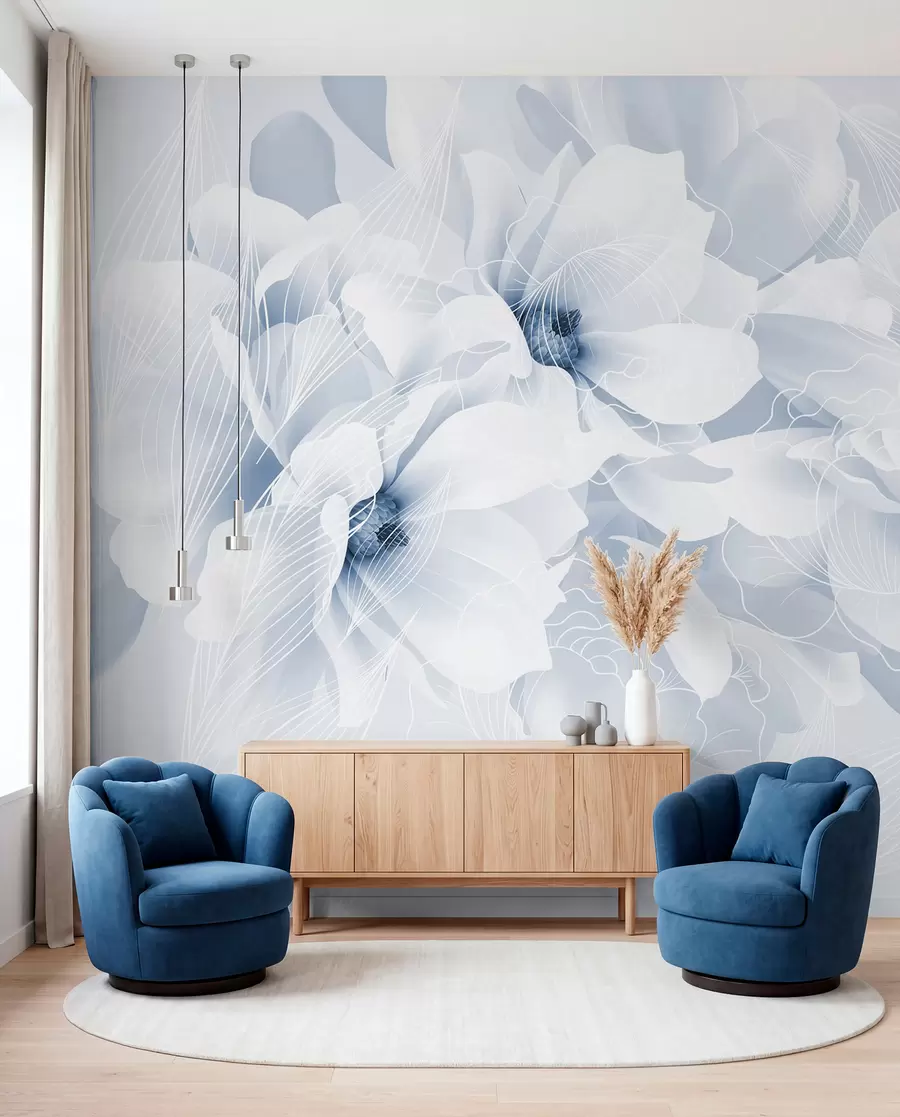 Fotobehang Bloemenschets in ijsblauw w08826