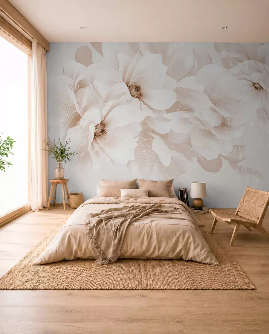 Fotobehang Pastel pioenbloemen met witte en beige bloemblaadjes en witte lijnen op een lichtbeige achtergrond w08826v1