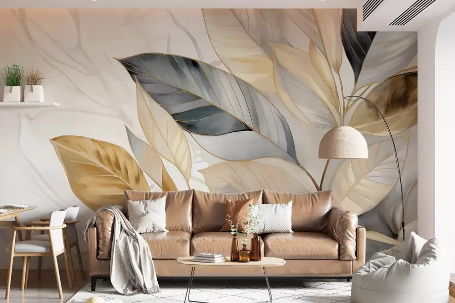 Fotobehang Gele, grijze en witte delicate grote bladeren op een witte abstracte getextureerde achtergrond w08828