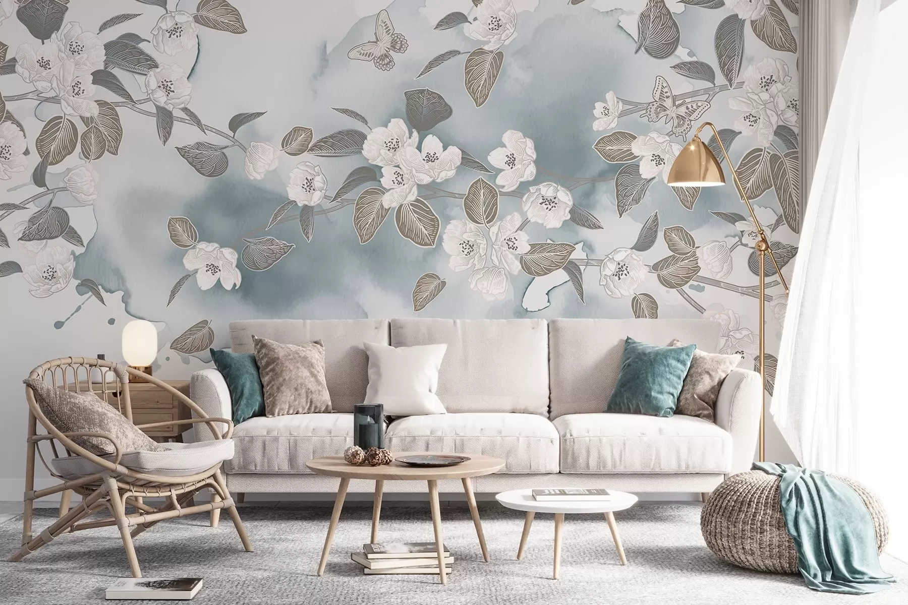 Fotobehang De bloesemtak van de kersenboom met bloemen, bladeren, vlinders op een lichtblauwe aquareltextuurachtergrond w08831v1