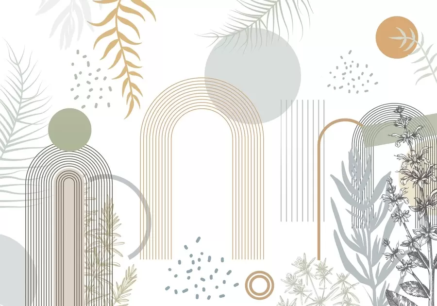 Fotobehang Abstracte print met geometrische vormen, bogen en tropische bladeren op een witte achtergrond w08835