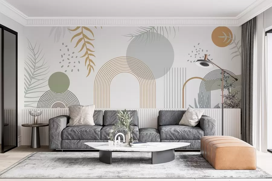 Fotobehang Abstracte print met geometrische vormen, bogen en tropische bladeren op een witte achtergrond w08835