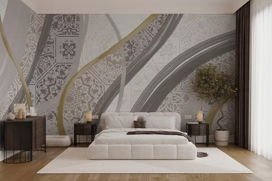Fotobehang Abstract schilderij met geometrische patronen en gebogen lijnen in beige, grijze en gele kleuren w08837