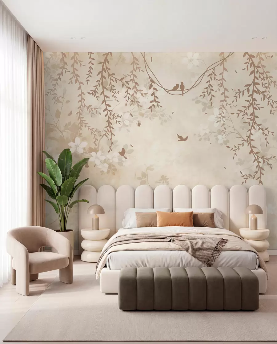 Fotobehang Vogels met hangende planten en een bloemenpatroon in lichte beige-crèmetinten w08809