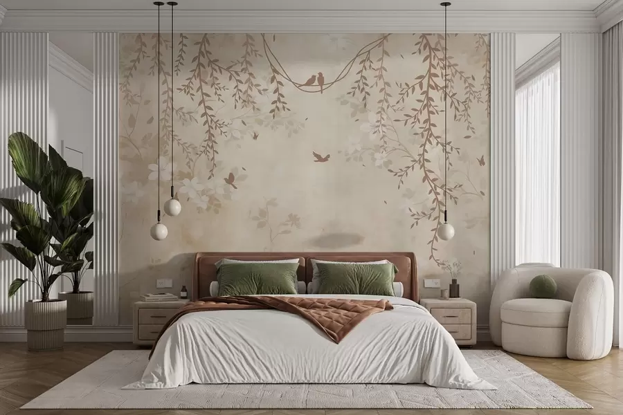 Fotobehang Vogels met hangende planten en een bloemenpatroon in lichte beige-crèmetinten w08809