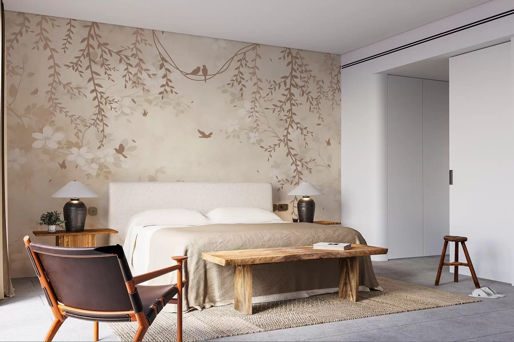 Fotobehang Vogels met hangende planten en een bloemenpatroon in lichte beige-crèmetinten w08809
