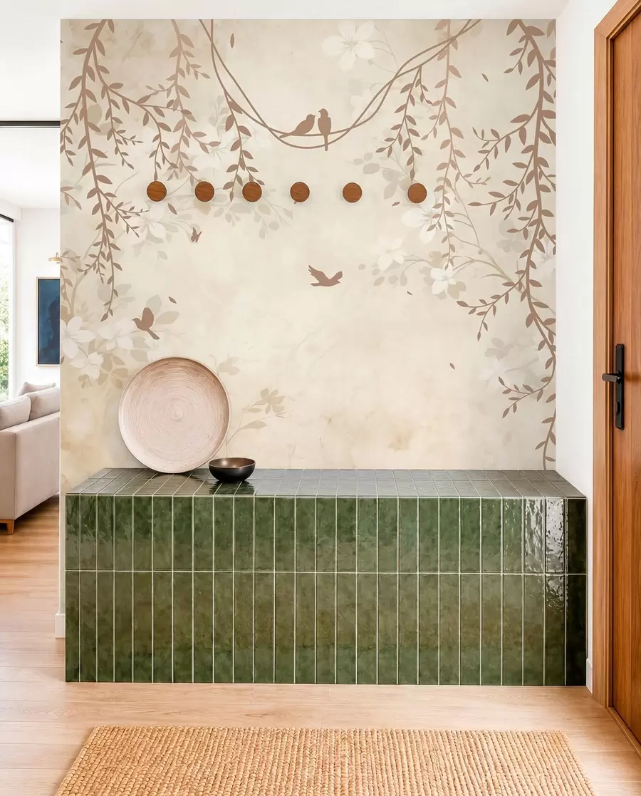 Fotobehang Vogels met hangende planten en een bloemenpatroon in lichte beige-crèmetinten w08809