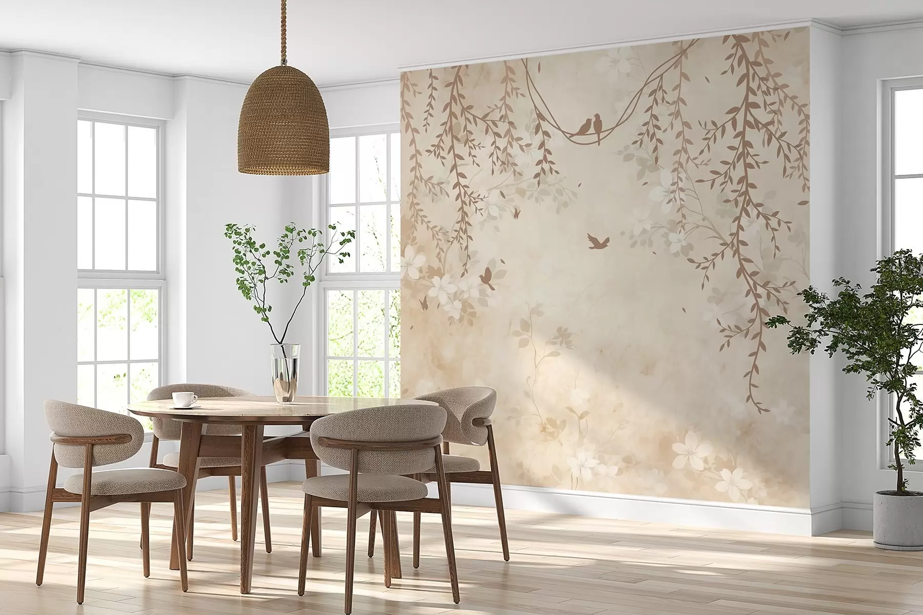 Fotobehang Vogels met hangende planten en een bloemenpatroon in lichte beige-crèmetinten w08809