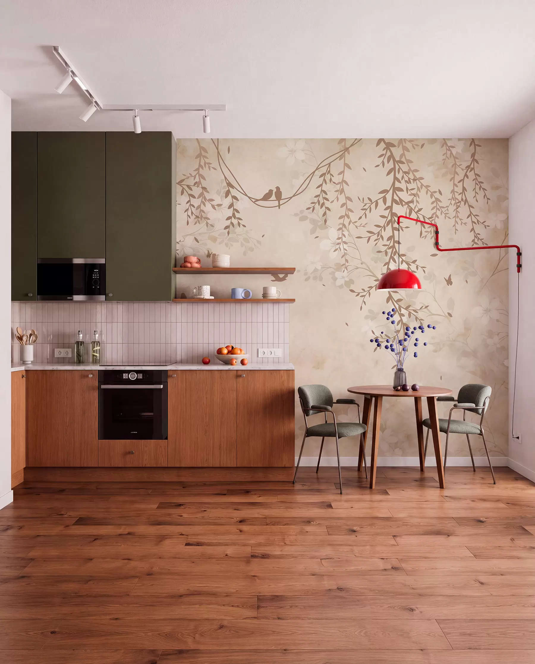 Fotobehang Vogels met hangende planten en een bloemenpatroon in lichte beige-crèmetinten w08809