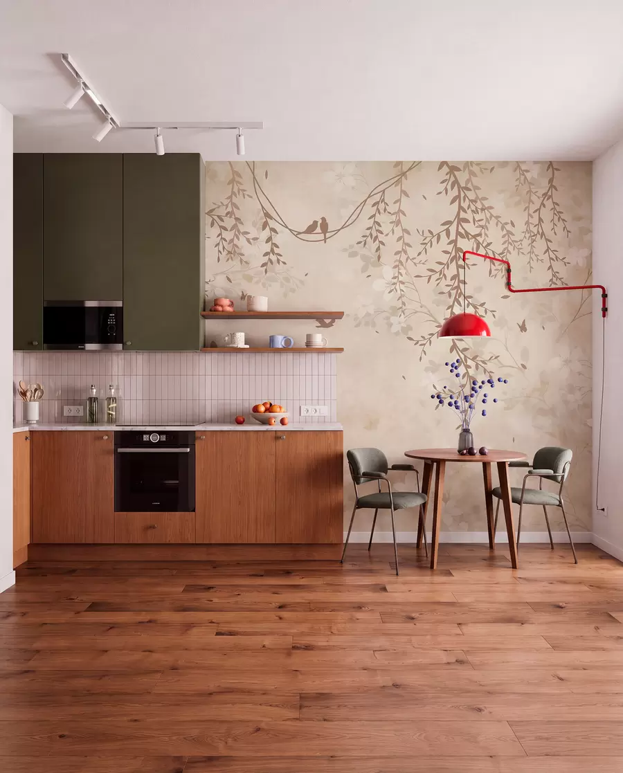 Fotobehang Vogels met hangende planten en een bloemenpatroon in lichte beige-crèmetinten w08809