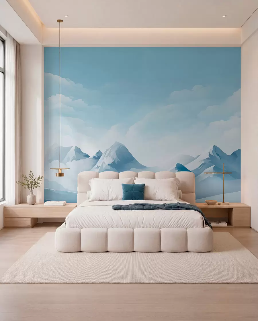 Fotobehang Minimalistische blauwe wolken en bergen, ijzig weer w08811