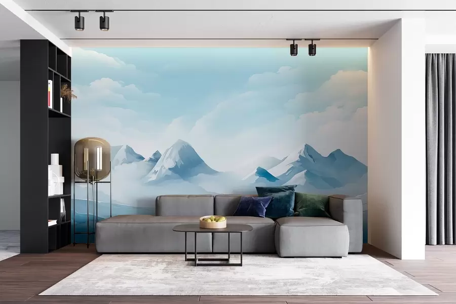 Fotobehang Minimalistische blauwe wolken en bergen, ijzig weer w08811