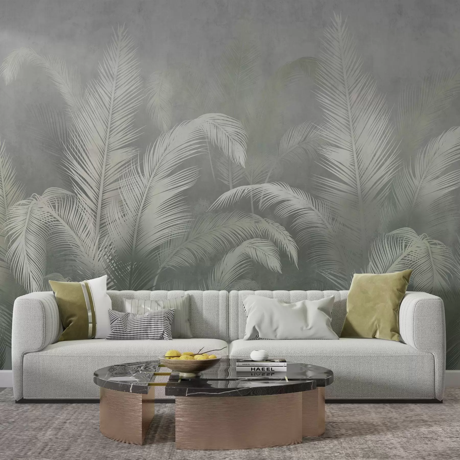 Fotobehang Tropische palmbladeren in grunge stijl in groene kleur w03250v2