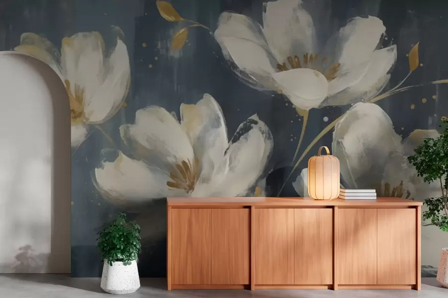 Fotobehang Grote witte bloemen w03228