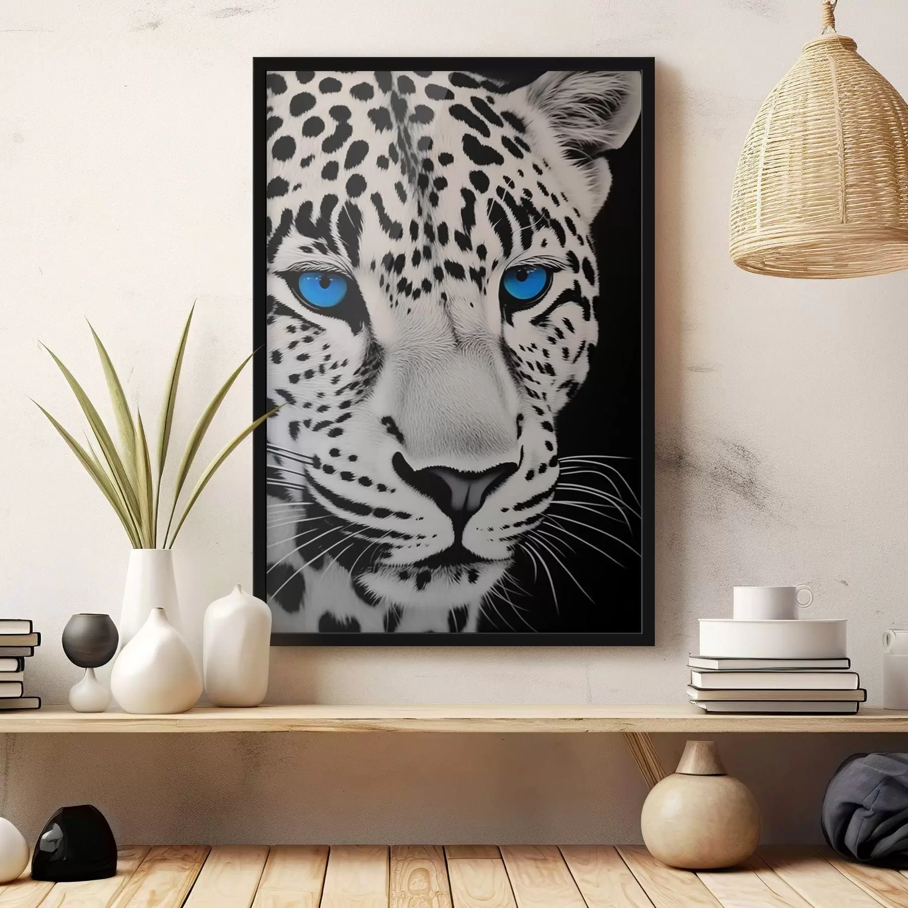 Fotobehang Zwart-wit portret van een luipaard met blauwe ogen f43008