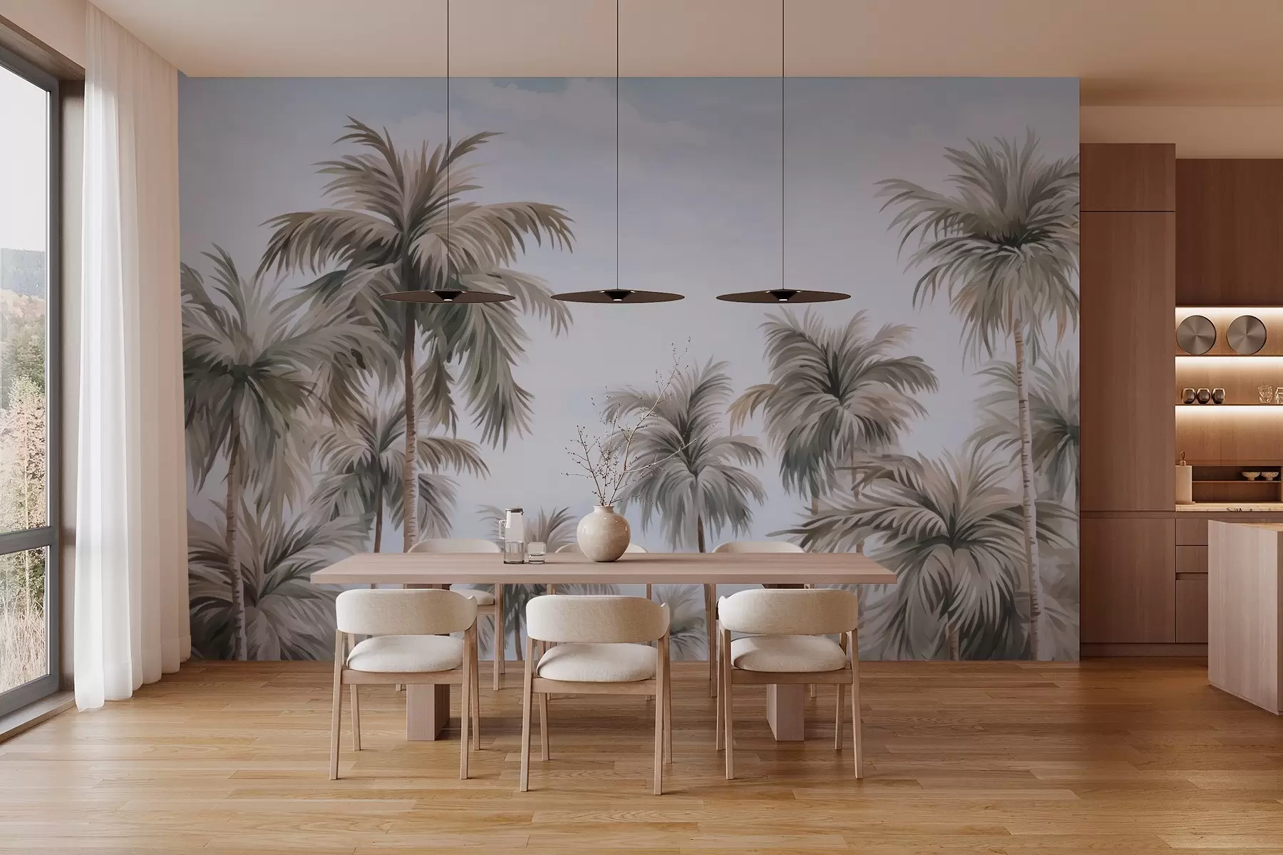 Fotobehang Palmbomen tegen de lucht imitatie van aquarel w03184