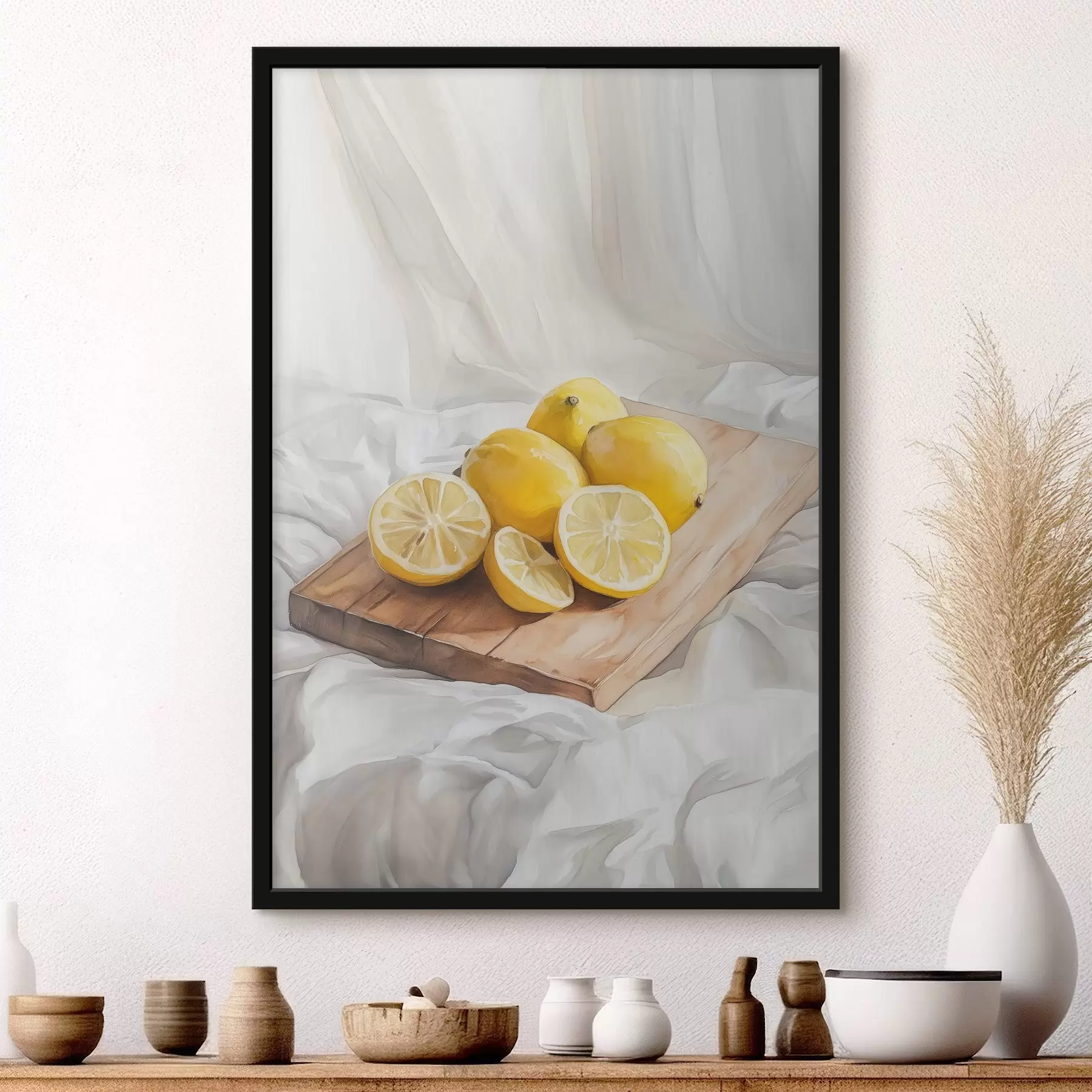 Fotobehang Esthetische citroenen op de houten plank, woningdecoratie, natuurlijke verlichting f43062