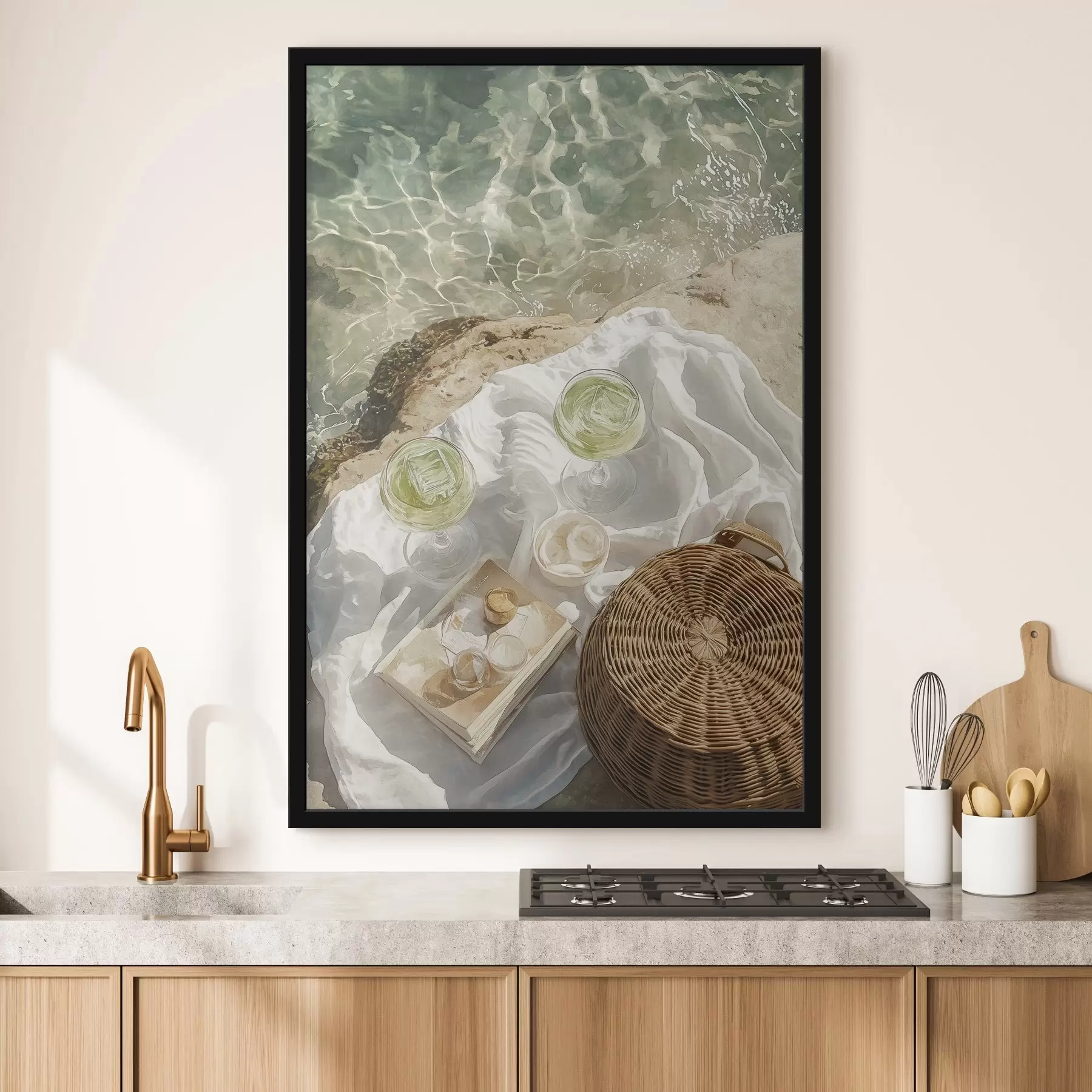 Fotobehang Zomerse esthetiek, oceaangolven, strand, cocktails, aquarelstijl f43069