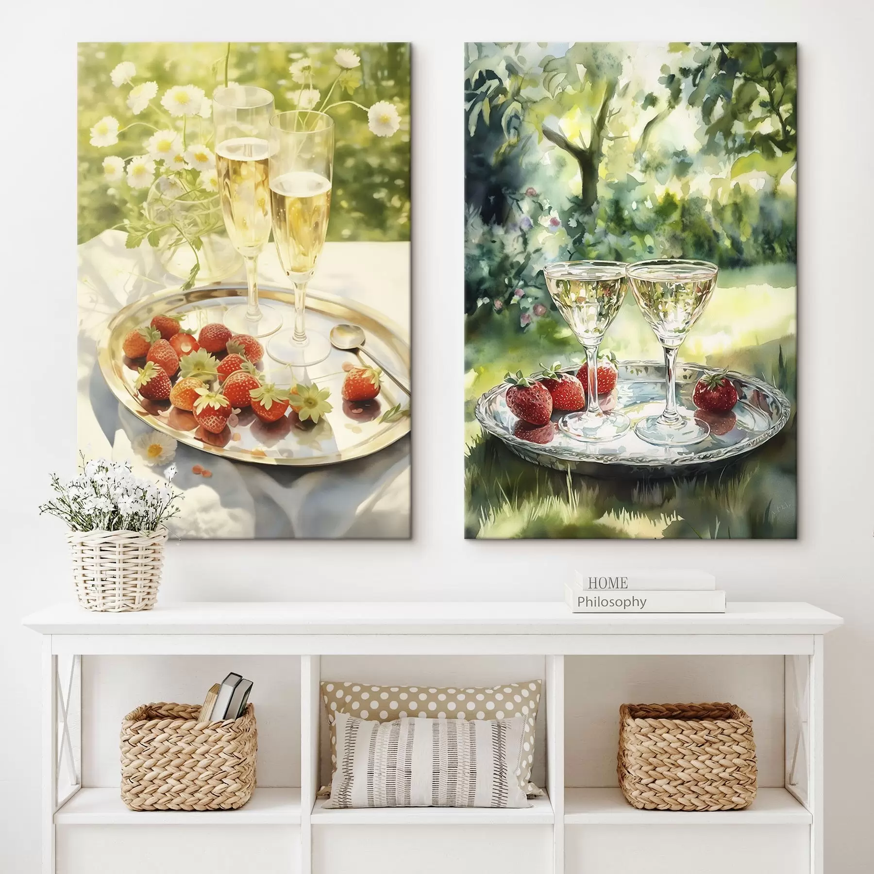  Schilderijen Zomerpicknick, champagneglazen met aardbeien op het dienblad, kamillebloemen m00414