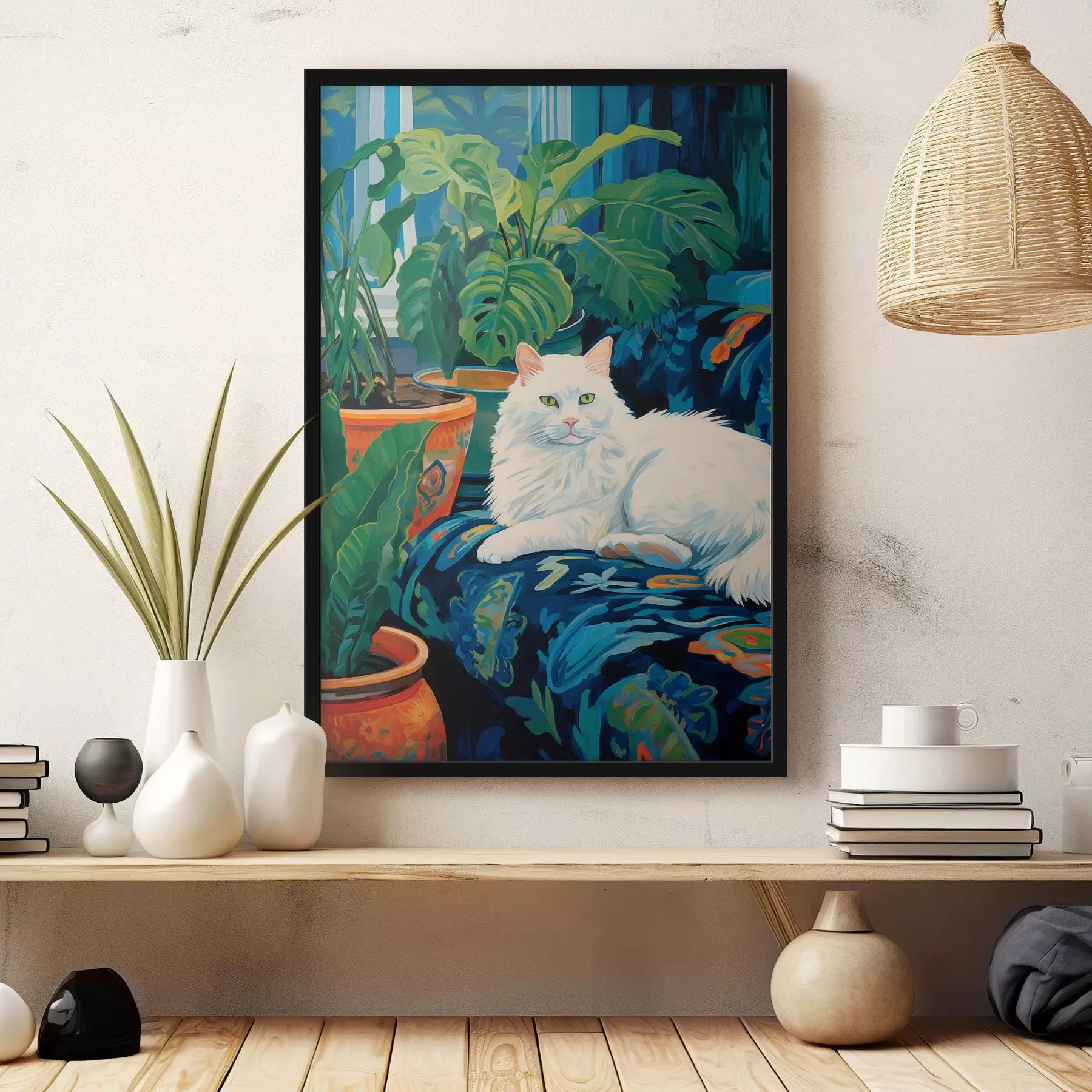 Fotobehang Een witte kat te midden van weelderig groen en keramische potten f43131