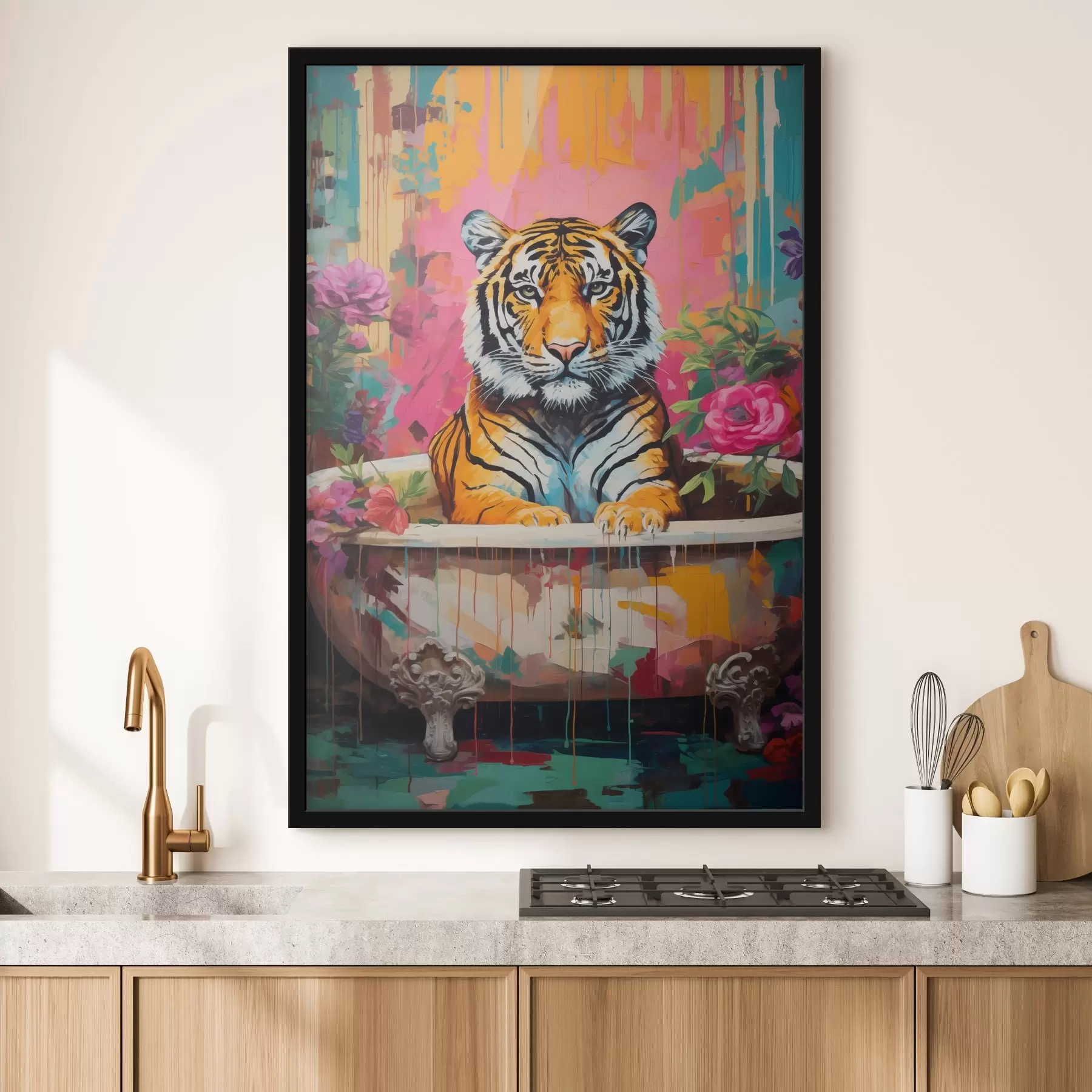 Fotobehang Een abstracte tijger in een badkuip, omringd door levendige bloemen f43134
