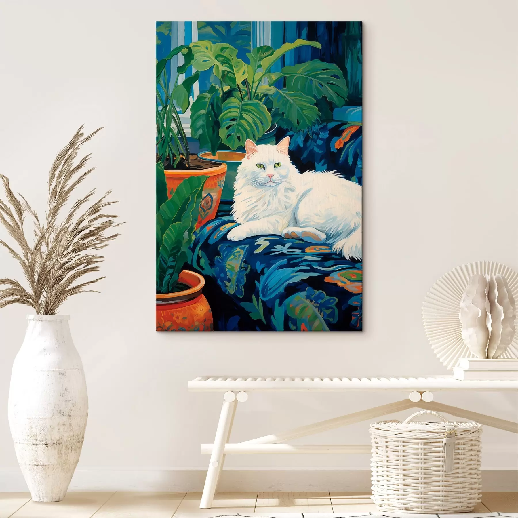  Schilderijen Een witte kat te midden van weelderig groen en keramische potten s43131