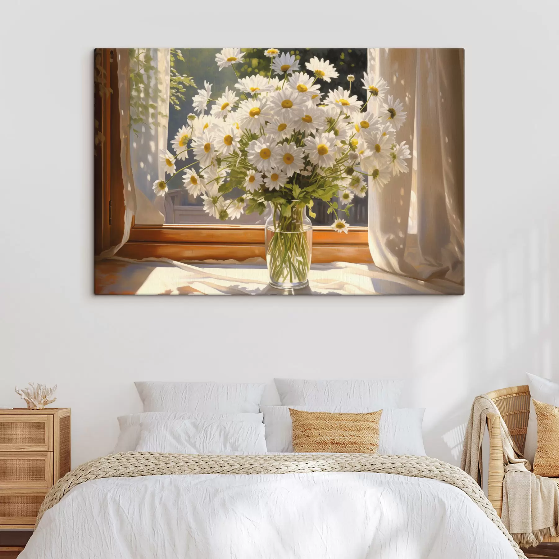  Schilderijen Olieverfschilderij imitatie van een vaas met witte madeliefjes op een vensterbank, zonnige dag, warm kleurenpalet s43171