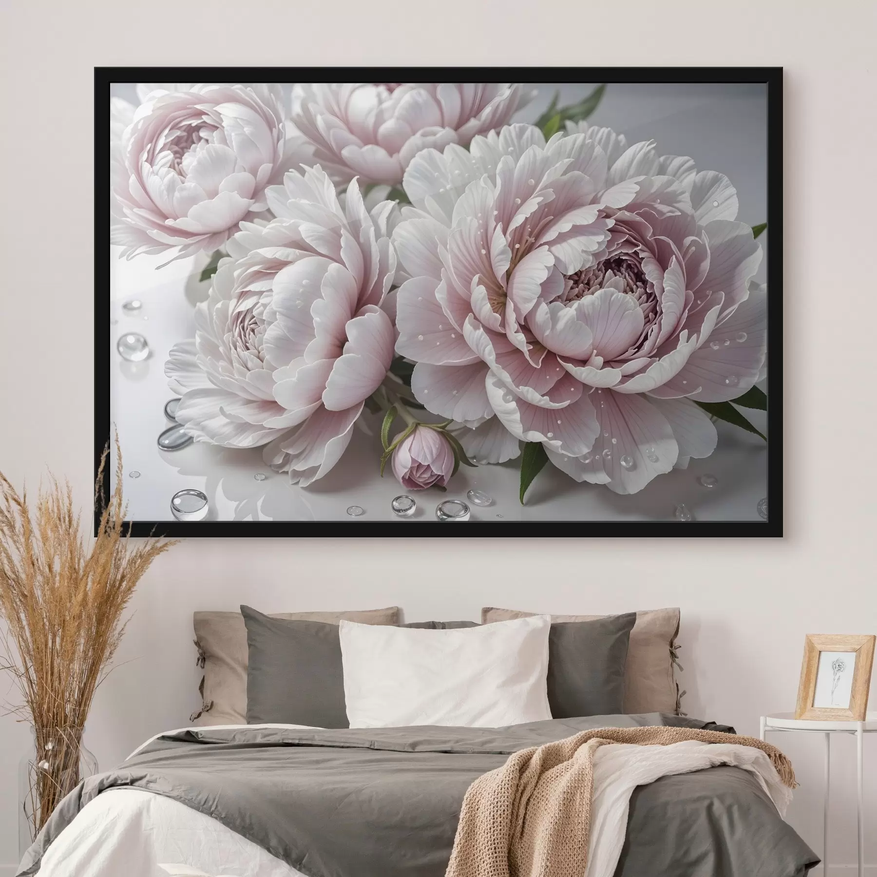 Fotobehang Lichtroze en witte pioenrozen met waterdruppels op de bloemblaadjes, de achtergrond is een wit vlak f43158