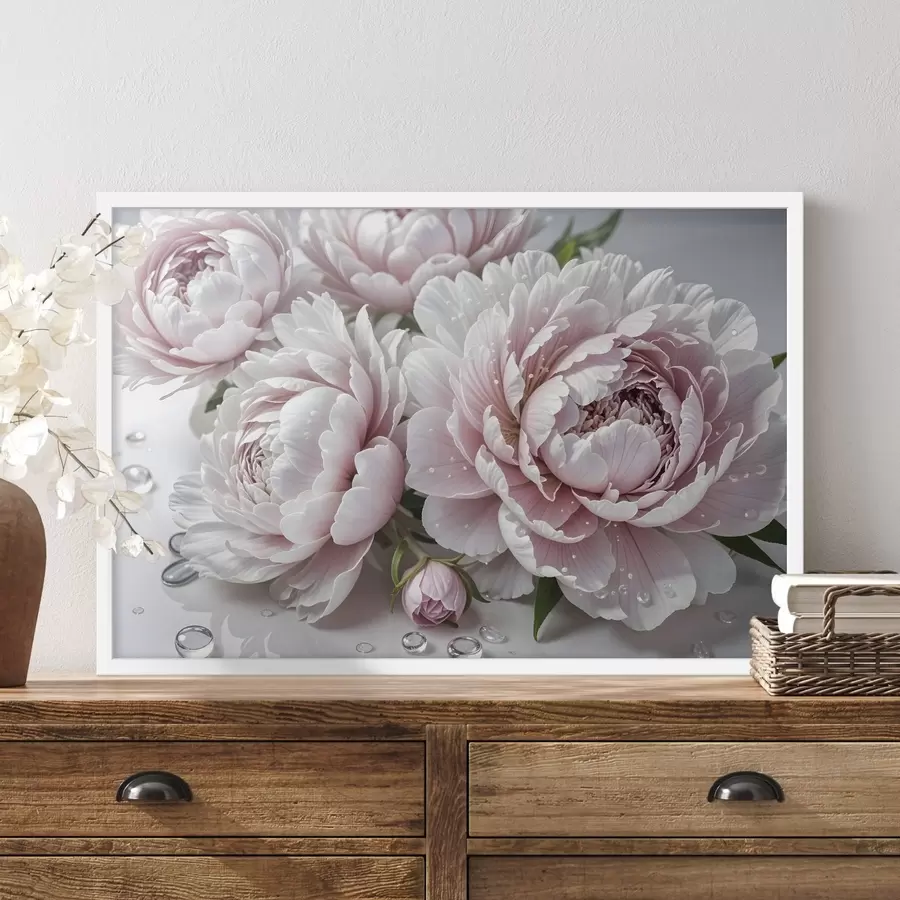 Fotobehang Lichtroze en witte pioenrozen met waterdruppels op de bloemblaadjes, de achtergrond is een wit vlak f43158
