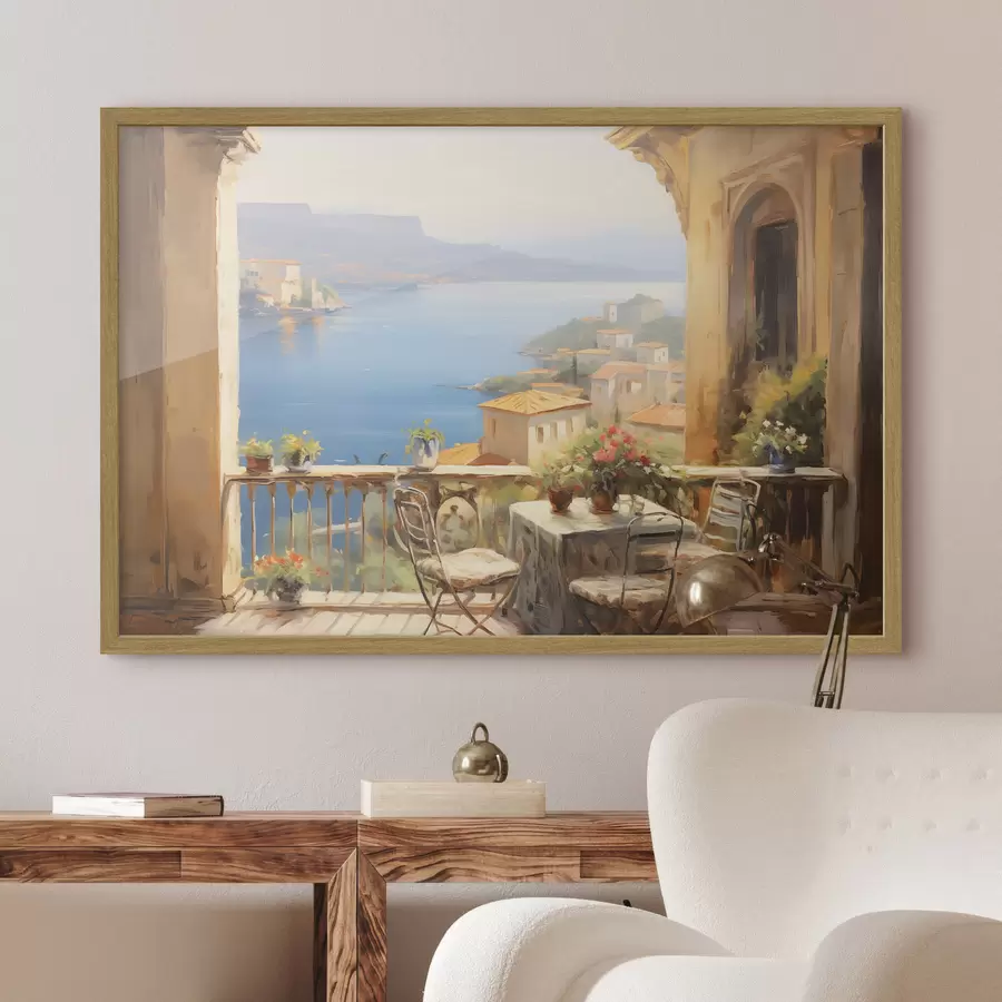 Fotobehang Olieverfschilderij imitatie van balkon met bloemen, met uitzicht op de zee, huizen aan de kust, zonnige dag, blauwe lucht f43173