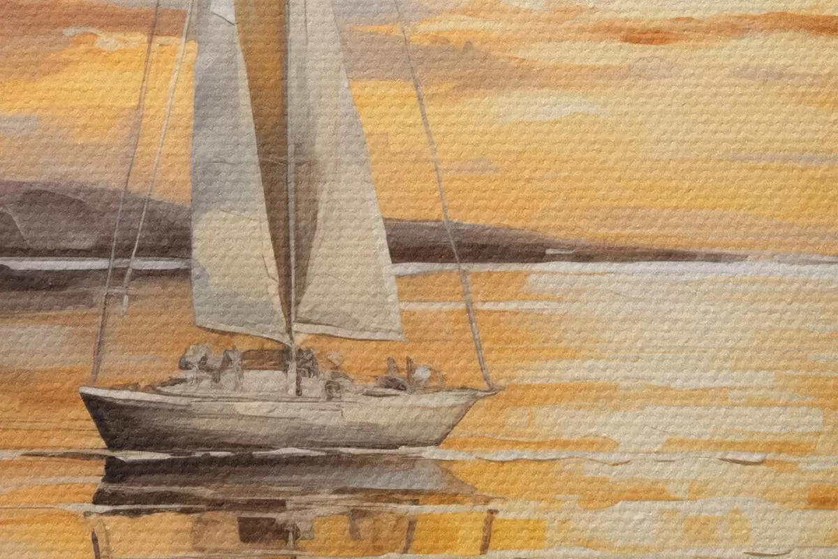 Ronde schilderijen Landschapschilderij met een zeilboot op een kalme zee, oranje en gele lucht, bergen in de verte r43169