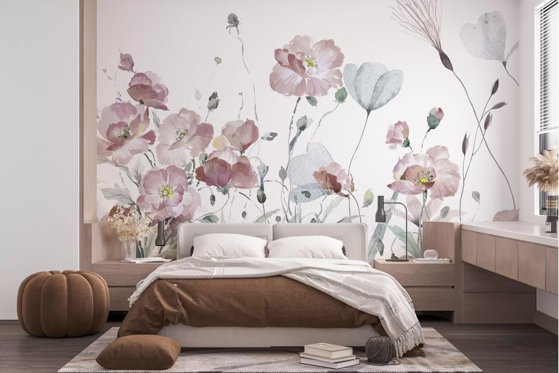 Fotobehang Een aquareldans van bloemen op een wit canvas w03256