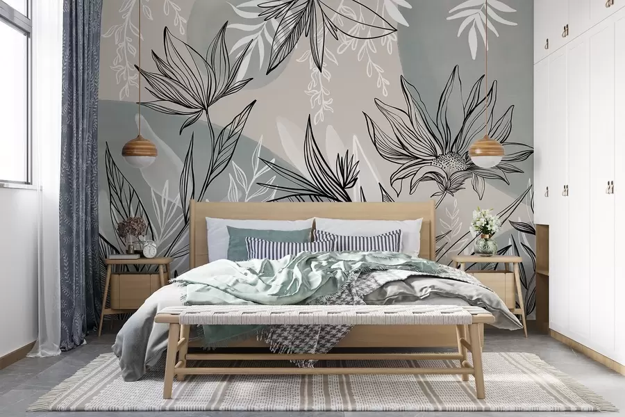 Fotobehang Florale lijntekeningen met grote bladeren en bloemen tegen een achtergrond van beige en blauwe aquarelwassingen  w08865
