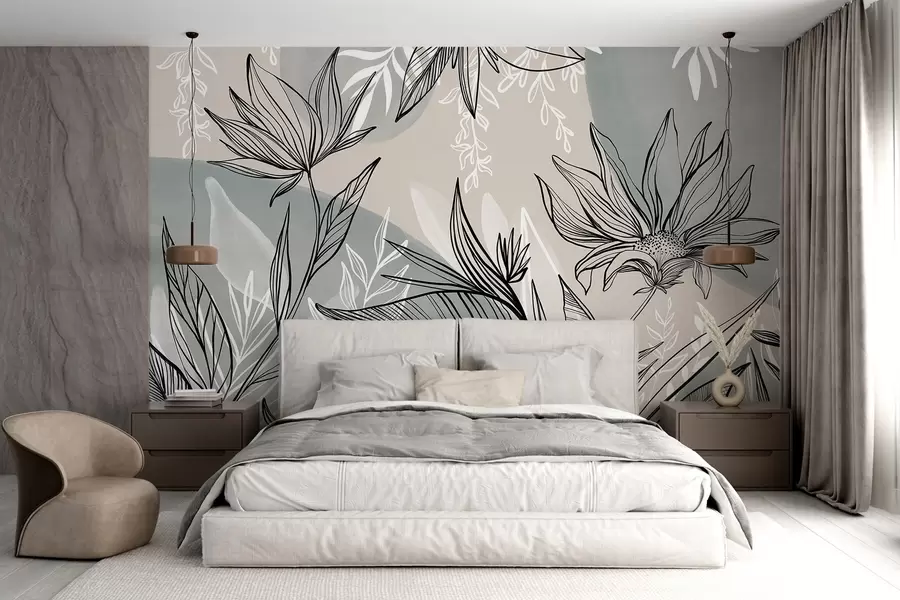 Fotobehang Florale lijntekeningen met grote bladeren en bloemen tegen een achtergrond van beige en blauwe aquarelwassingen  w08865