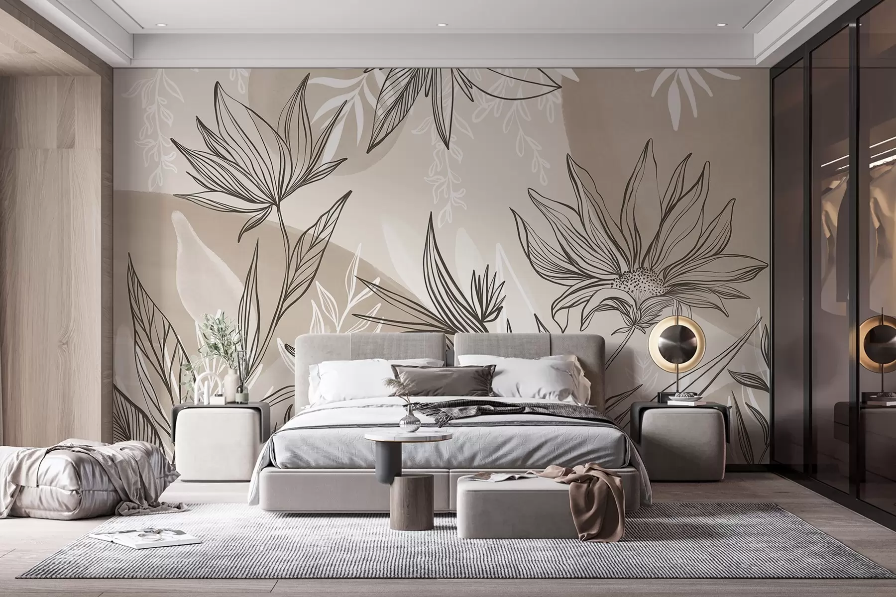 Fotobehang Florale lijntekeningen met grote bladeren en bloemen tegen een achtergrond van beige aquarelwassingen  w08865v1