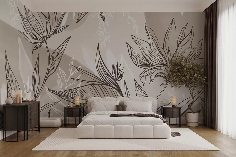 Fotobehang Florale lijntekeningen met grote bladeren en bloemen tegen een achtergrond van beige aquarelwassingen  w08865v1
