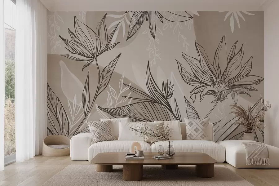 Fotobehang Florale lijntekeningen met grote bladeren en bloemen tegen een achtergrond van beige aquarelwassingen  w08865v1