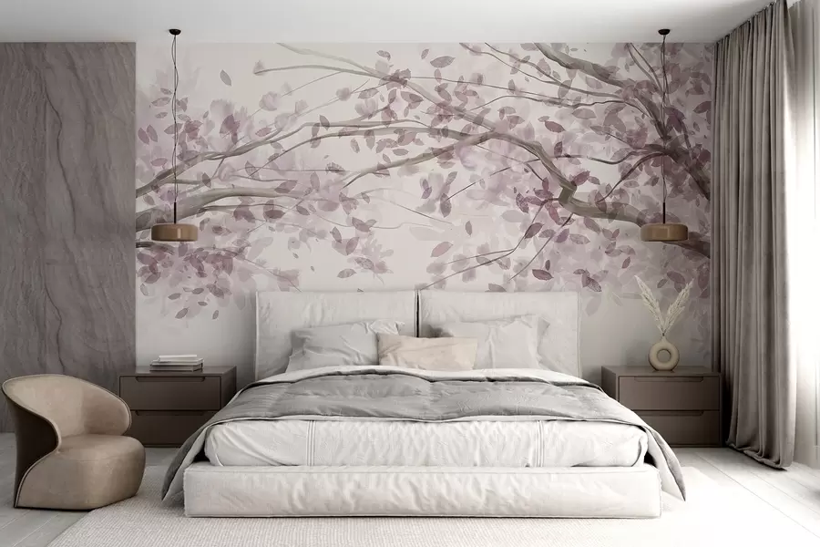 Fotobehang Bloesemtakken met roze bladeren, zachte kleuren, delicate details, aquarel stijl, tegen een lichte achtergrond w08867