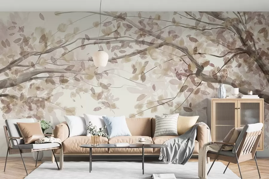 Fotobehang Bloesemtakken met beige bladeren, zachte kleuren, delicate details, aquarelstijl, tegen een lichte achtergrond w08867v1