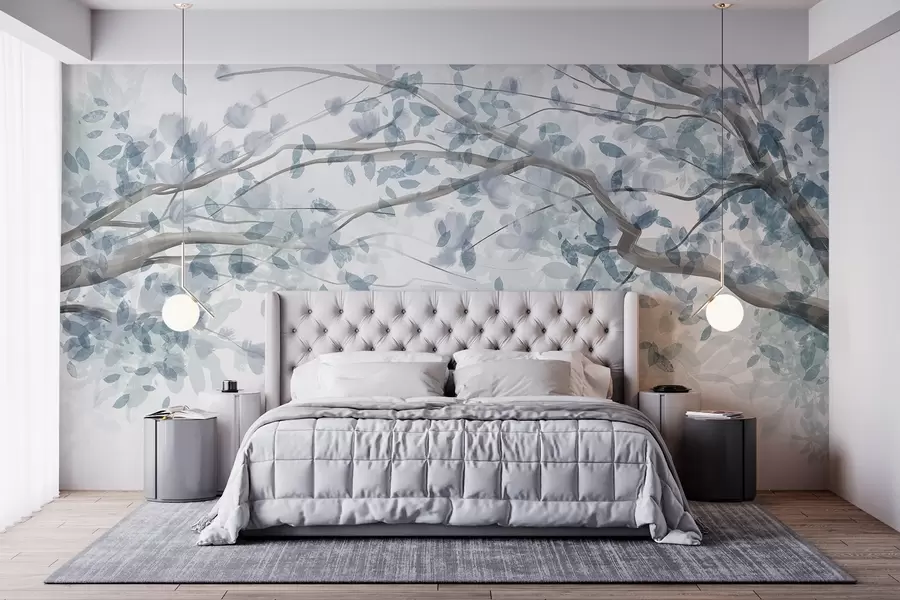 Fotobehang Bloesemtakken met blauwe bladeren, zachte kleuren, delicate details, aquarel stijl, tegen een lichte achtergrond w08867v2