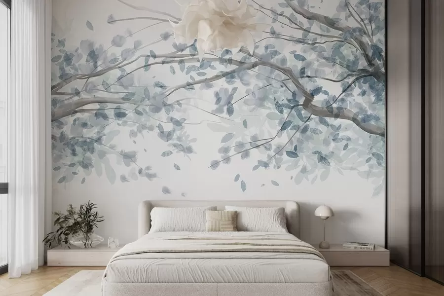 Fotobehang Bloesemtakken met blauwe bladeren, zachte kleuren, delicate details, aquarel stijl, tegen een lichte achtergrond w08867v2